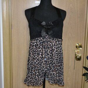 AvidLove Leopard Fierce Dark Sexy Black Lace Bow Lingerie Halter Split Front Top